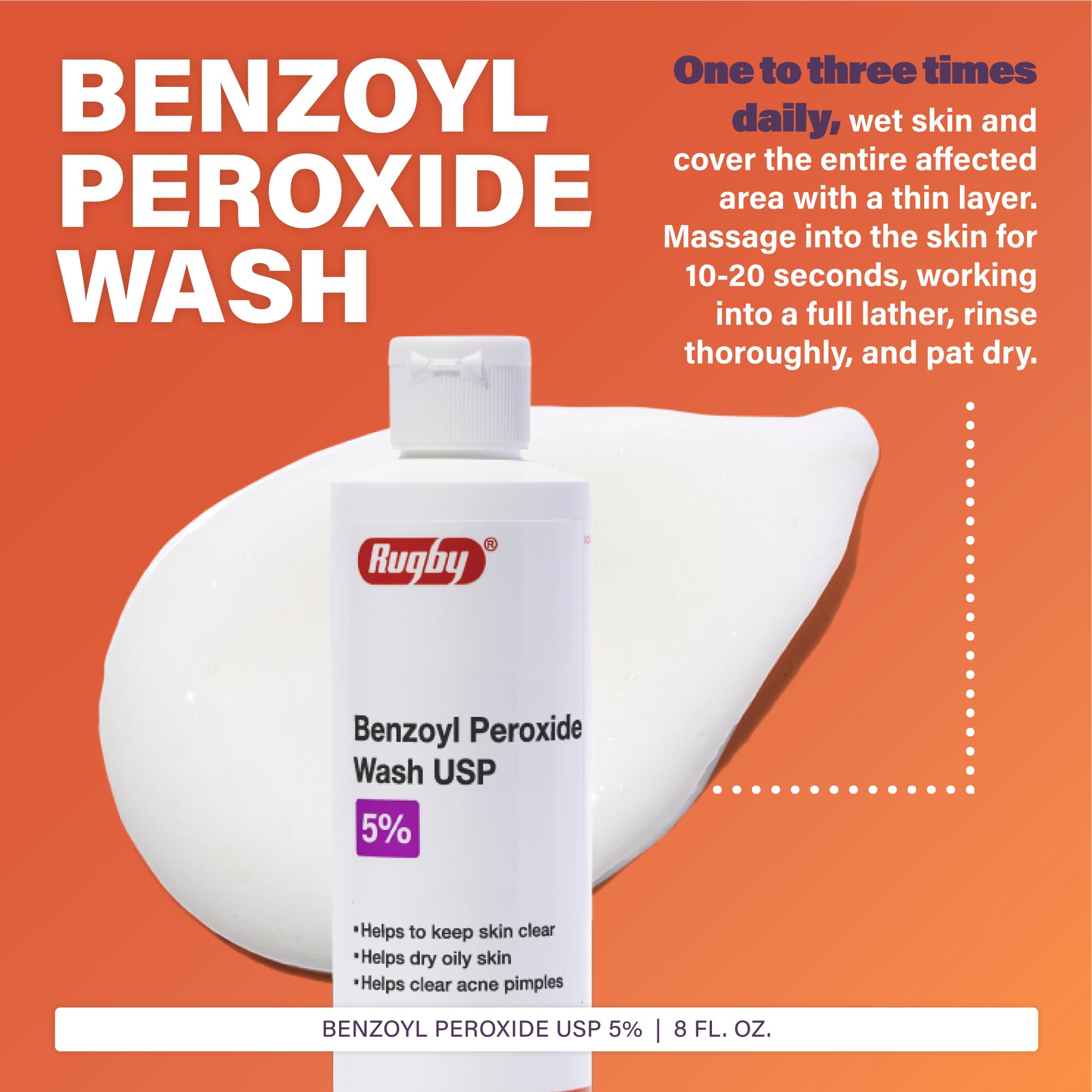 Rugby Benzoyl Peroxide Wash 5% bottle back label highlights 5% active ingredient.