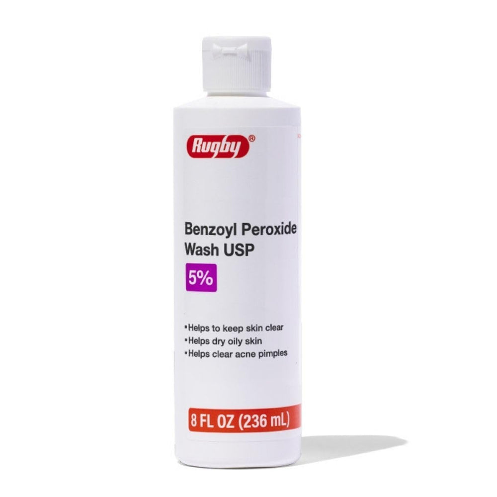 Rugby Benzoyl Peroxide Wash 5% bottle front for daily acne-clearing routine.