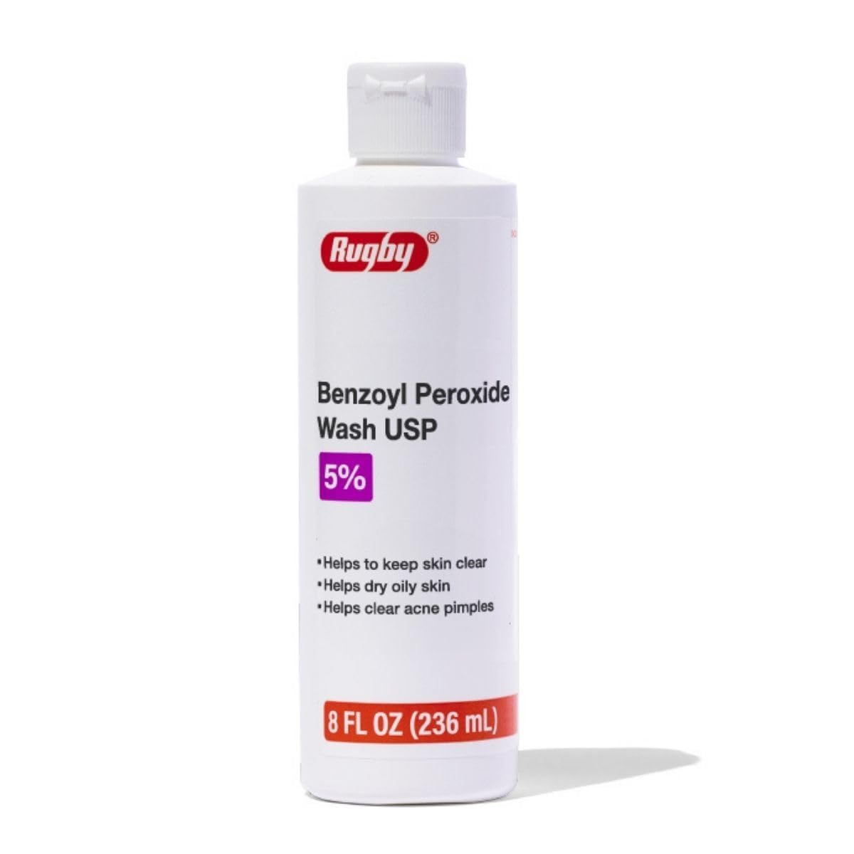 Rugby Benzoyl Peroxide Wash 5% bottle front for daily acne-clearing routine.