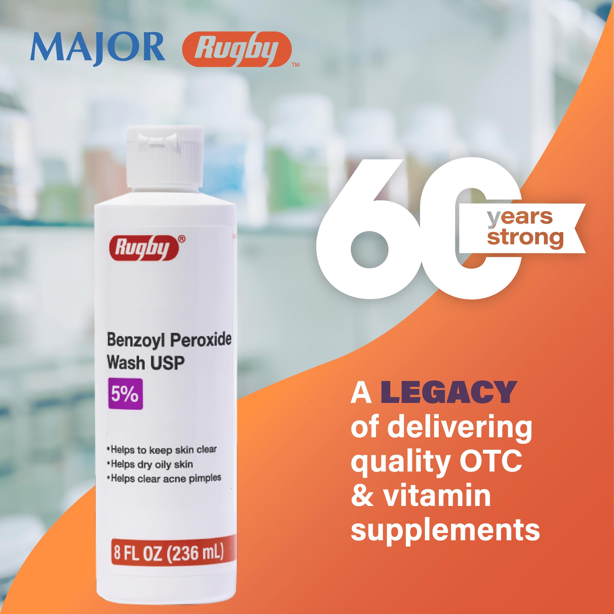Rugby Benzoyl Peroxide Wash 5% bottle with lather for routine use.