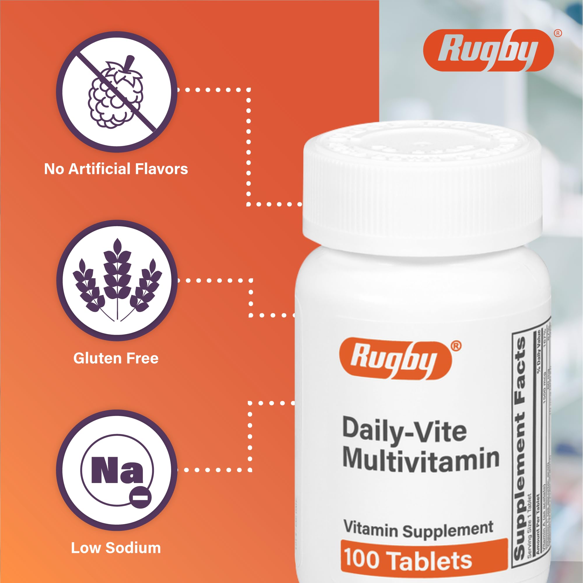 Rugby Daily-Vite bottle label close-up showing vitamins and ingredients.