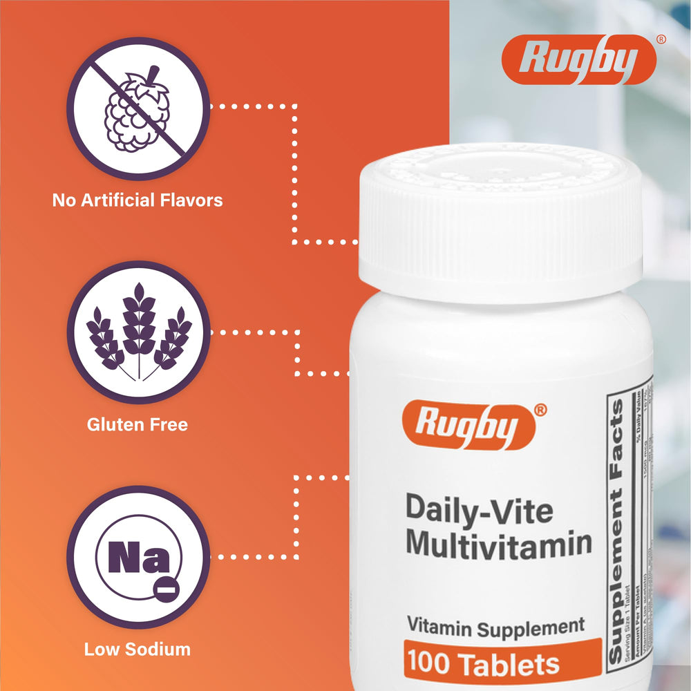 Rugby Daily-Vite bottle label close-up showing vitamins and ingredients.