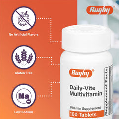 Rugby Daily-Vite bottle label close-up showing vitamins and ingredients.