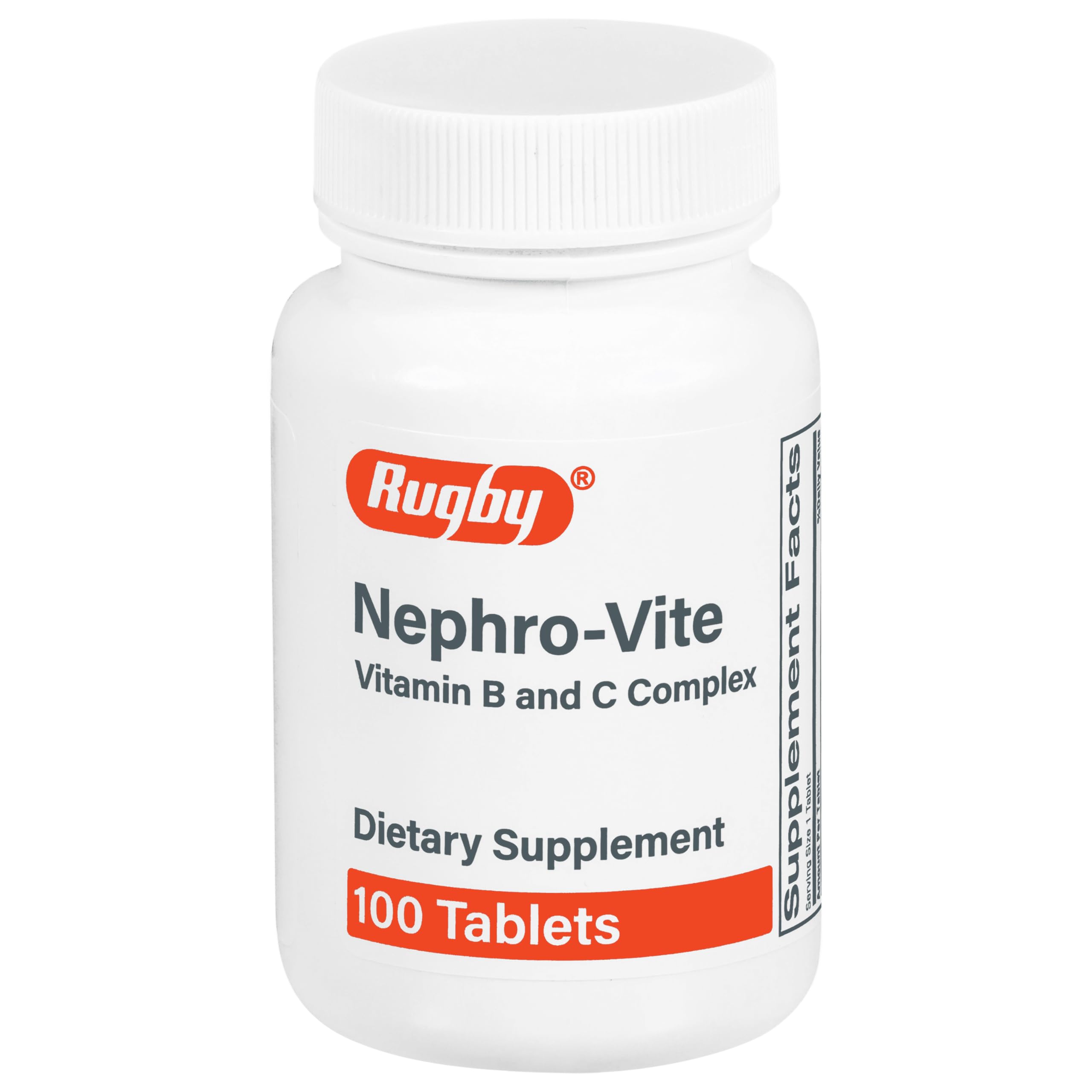 Rugby Laboratories Nephro-Vite bottle shows daily vitamin B and C support.