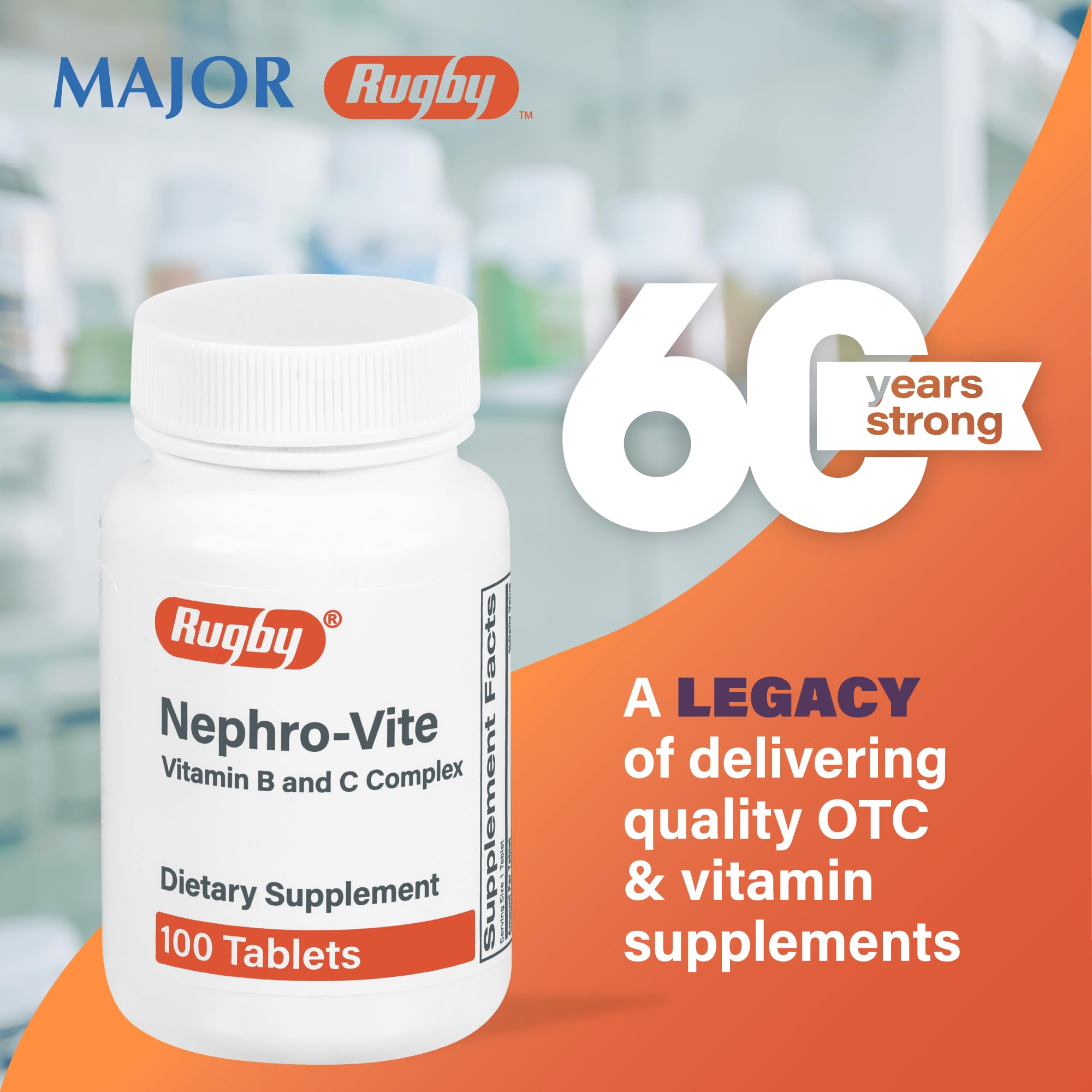 Rugby Nephro-Vite nutrition facts panel provides clear supplement information.
