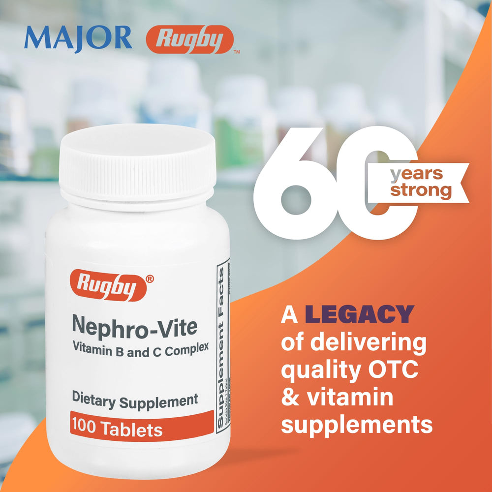 Rugby Nephro-Vite nutrition facts panel provides clear supplement information.