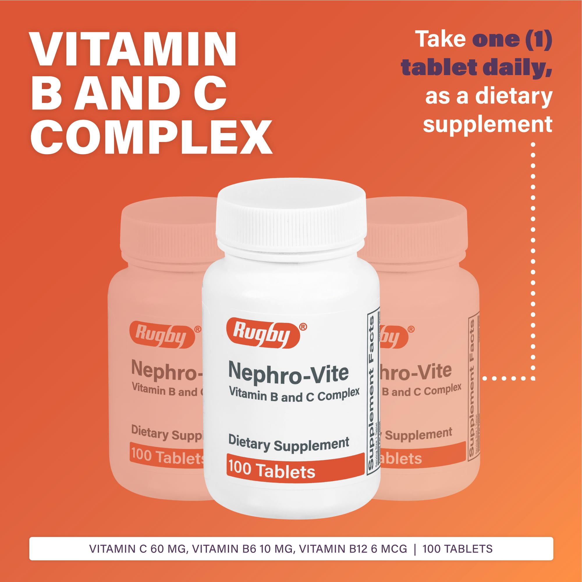Rugby Nephro-Vite tablets close-up highlights convenient once-daily dosing.