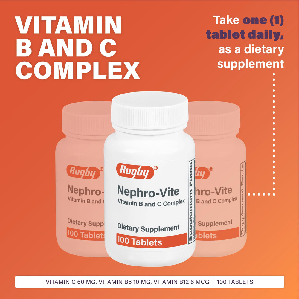 Rugby Nephro-Vite tablets close-up highlights convenient once-daily dosing.