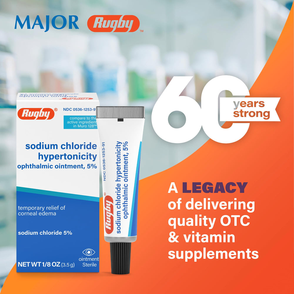 Rugby Laboratories ointment label close-up showing ingredients and alcohol-free formula for sensitive eyes.