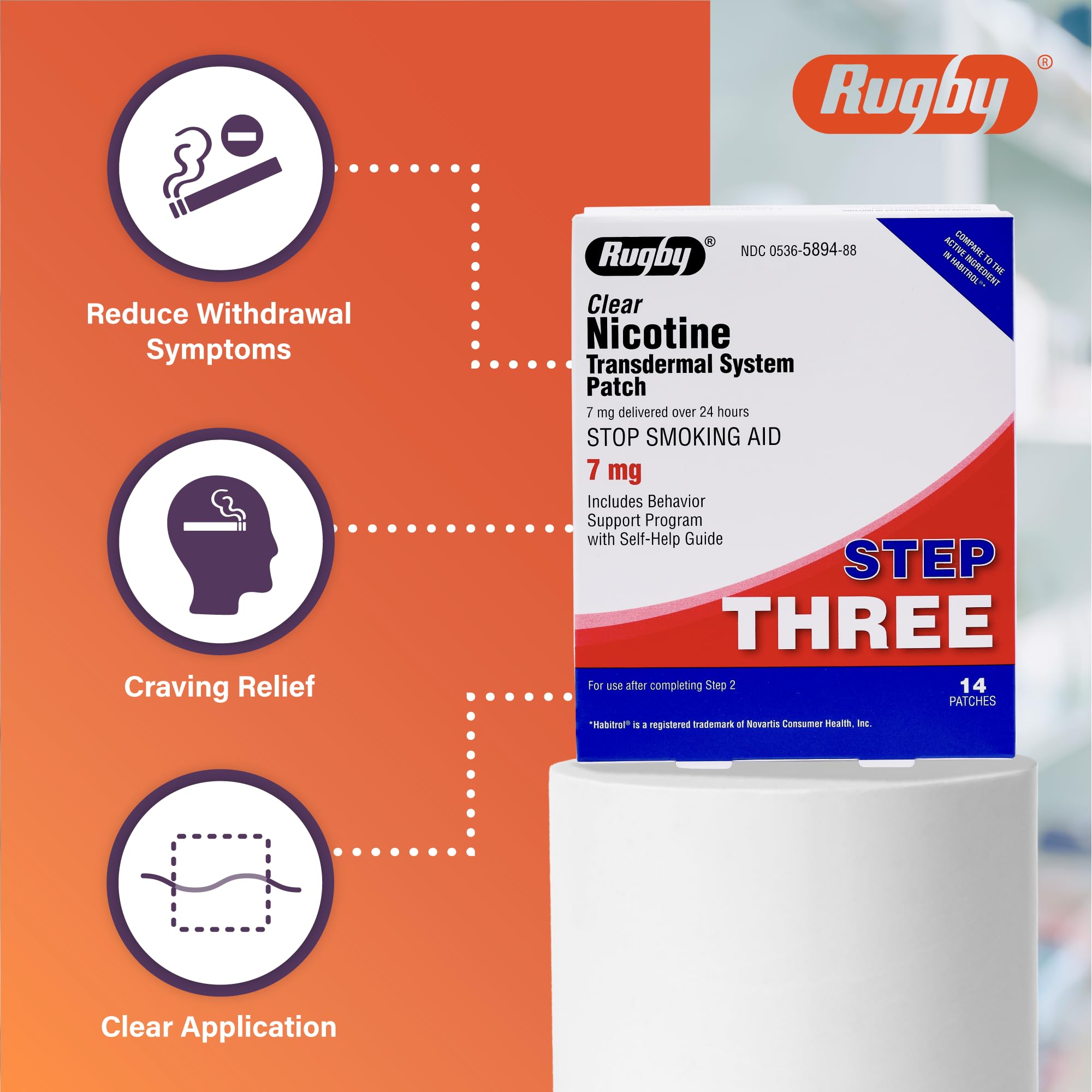 Rugby Clear Nicotine Patch Step 3 delivers nicotine over 24 hours for ongoing support.