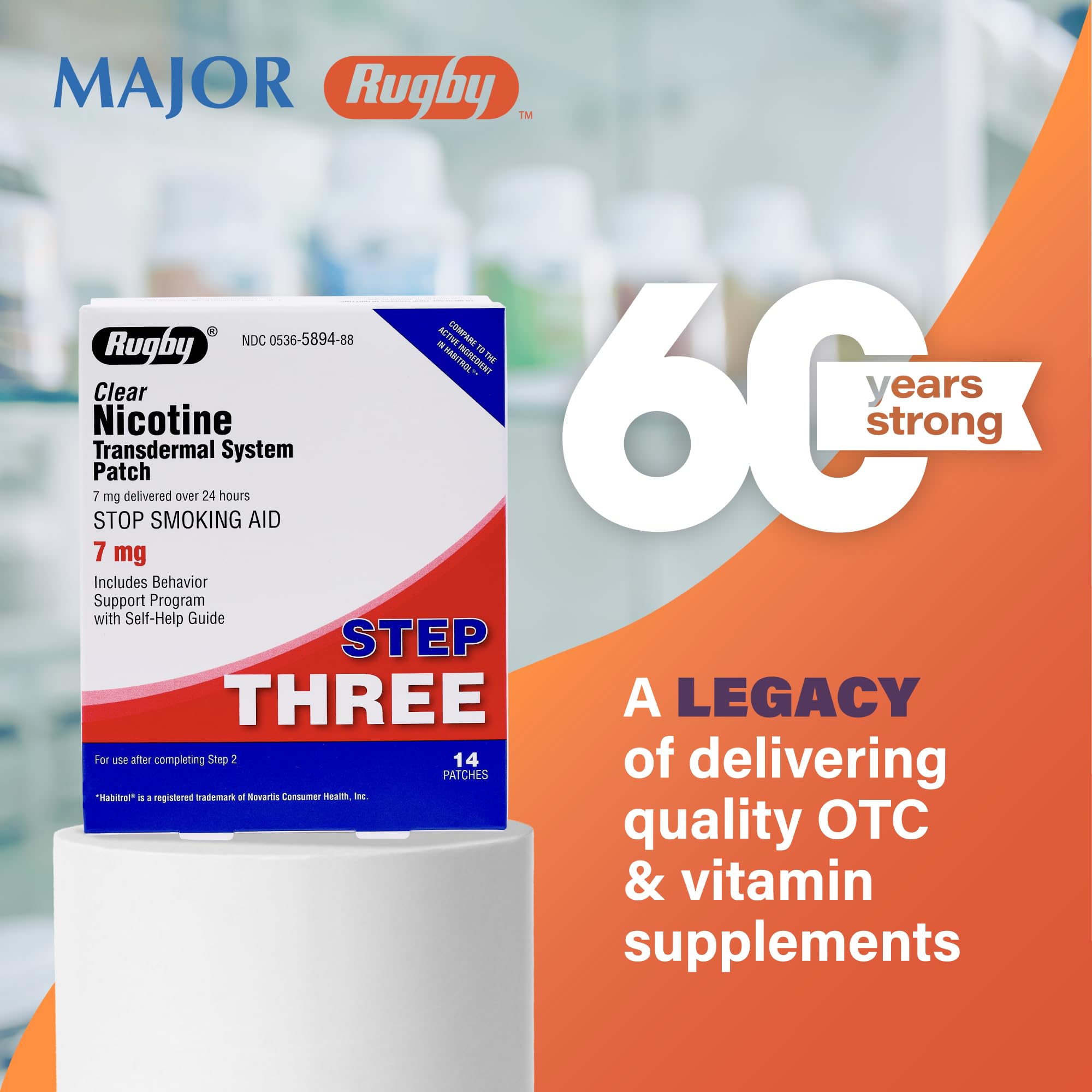 Rugby Laboratories product visuals emphasize step three therapy as part of a quit plan.