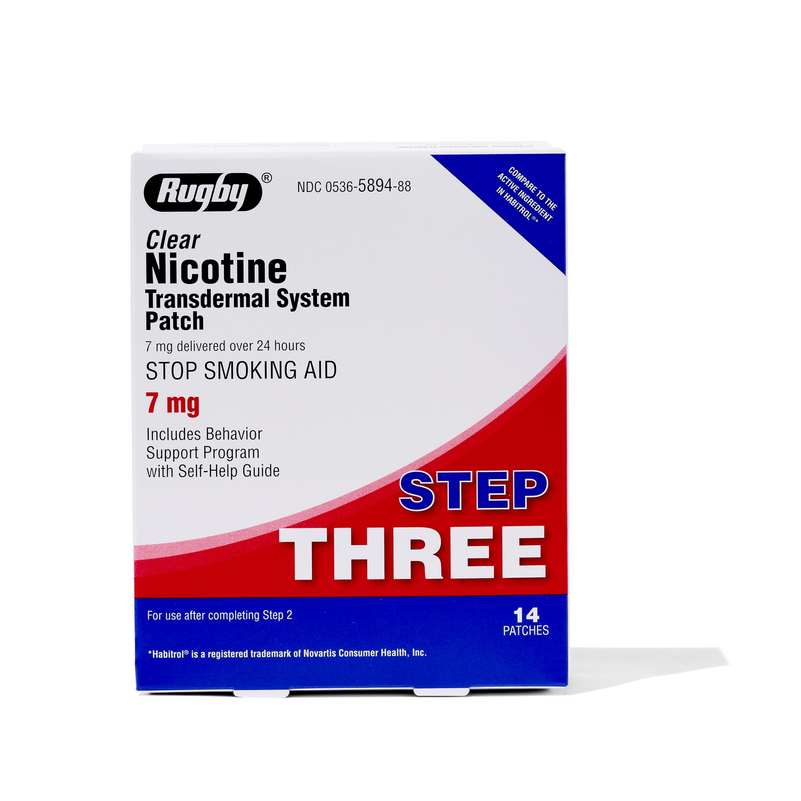 Rugby Clear Nicotine Patch Step 3 packaging highlights 7 mg dose for discreet daily quitting support.