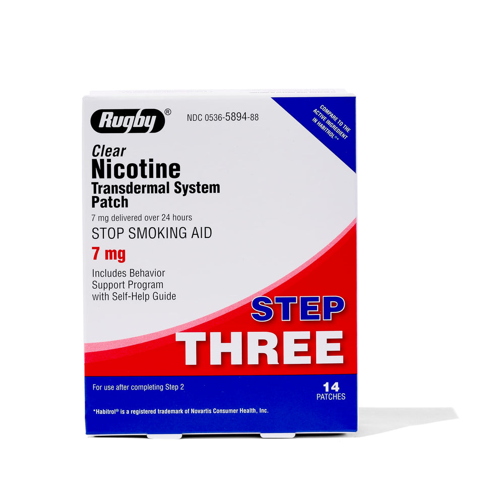 Rugby Clear Nicotine Patch Step 3 packaging highlights 7 mg dose for discreet daily quitting support.
