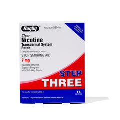 Rugby Clear Nicotine Patch Step 3 packaging highlights 7 mg dose for discreet daily quitting support.