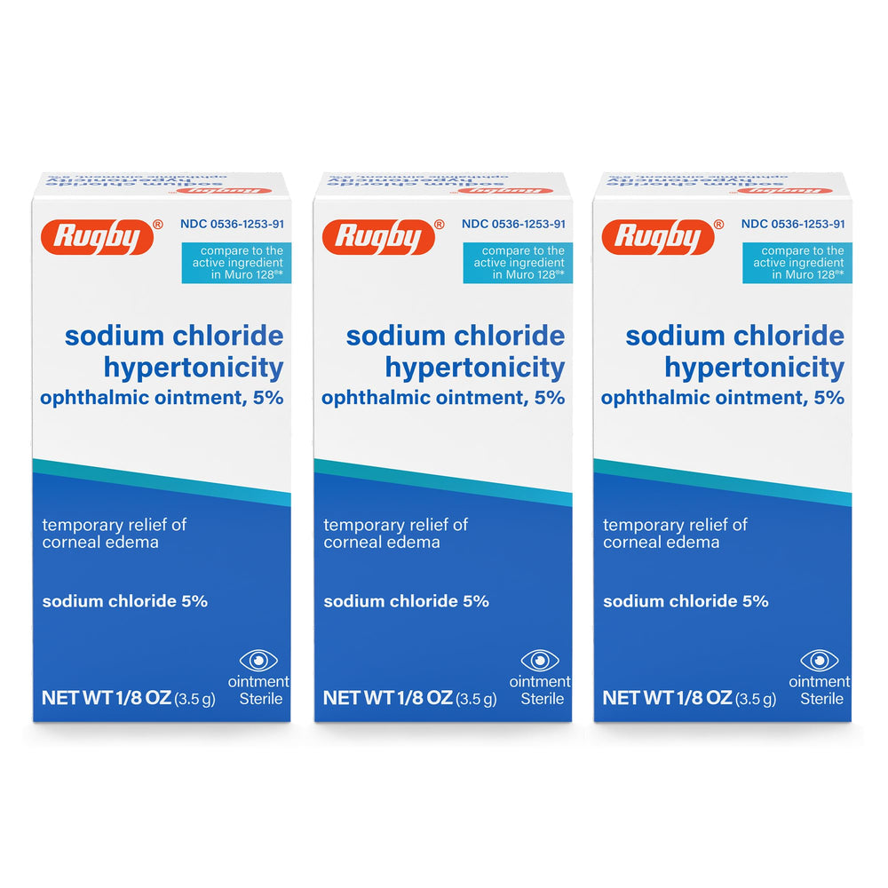 Rugby Laboratories bottle-front of sodium chloride ophthalmic ointment showing brand and compact packaging for convenience.