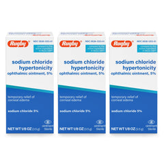 Rugby Laboratories bottle-front of sodium chloride ophthalmic ointment showing brand and compact packaging for convenience.