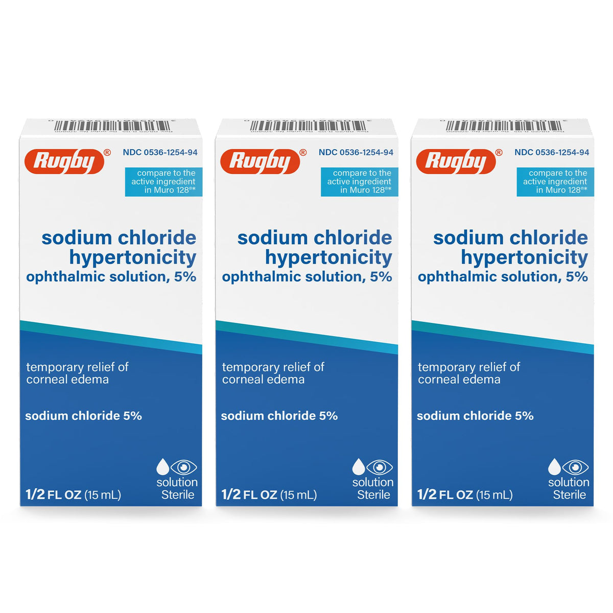 Rugby Laboratories sodium chloride eye drops bottle with 5% hypertonic formula for temporary corneal relief.