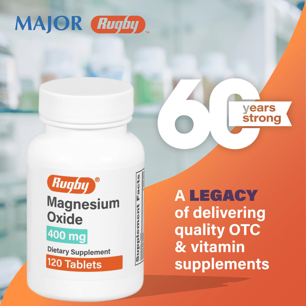 Rugby Magnesium Oxide 400 mg tablet count indicating 120-count bottle