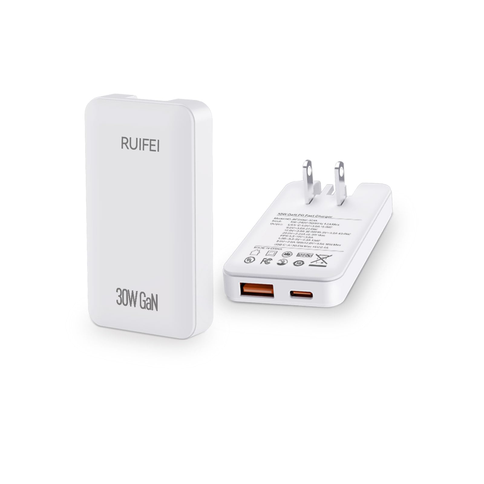 RUIFEI foldable 30W USB-C charger, ideal for travel and compact storage.