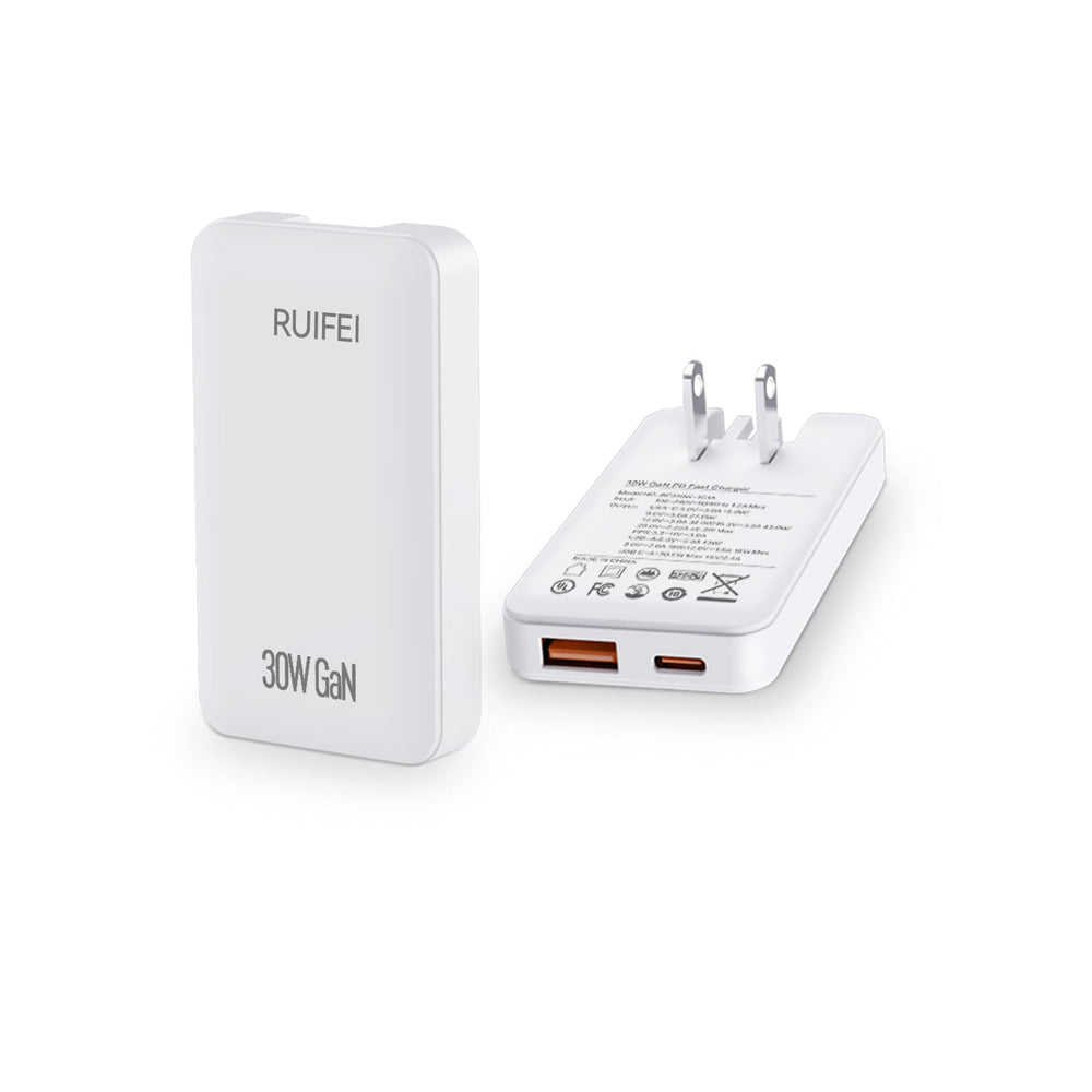 RUIFEI foldable 30W USB-C charger, ideal for travel and compact storage.