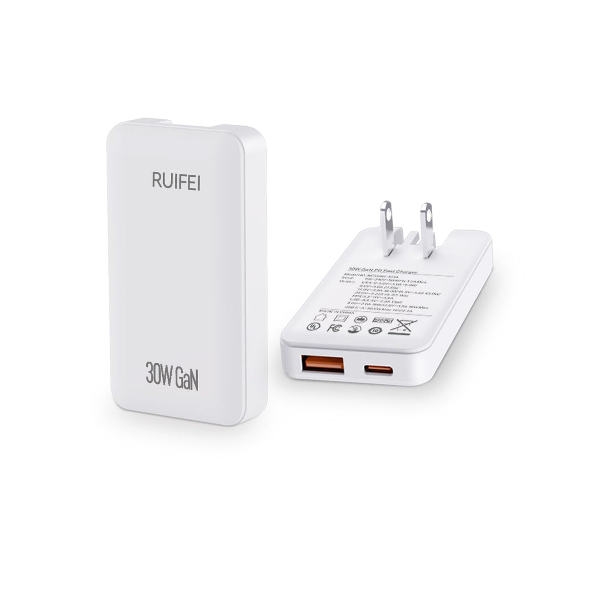 RUIFEI foldable 30W USB-C charger, ideal for travel and compact storage.