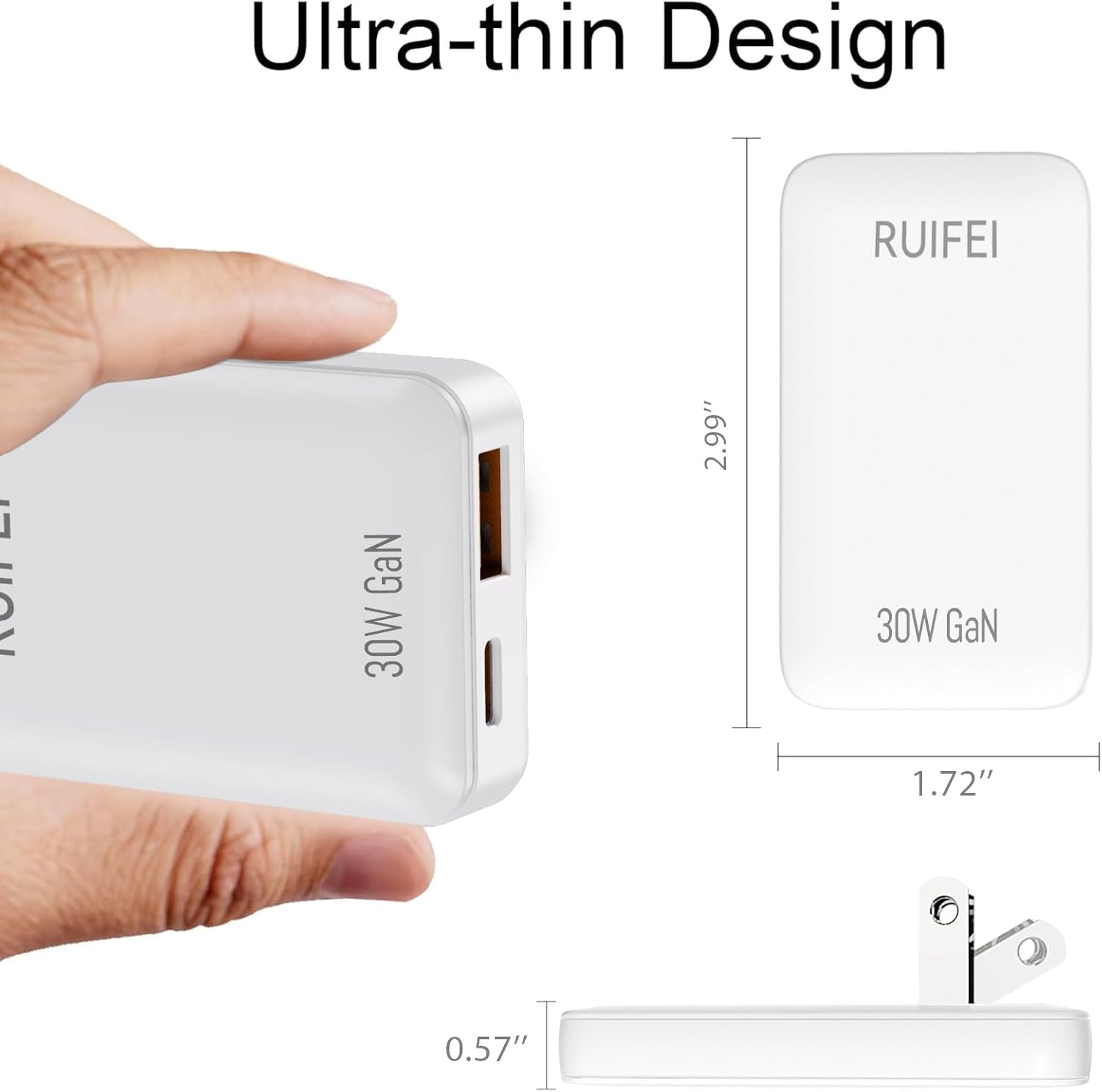 RUIFEI ultra-thin 30W charger body fits pockets effortlessly.