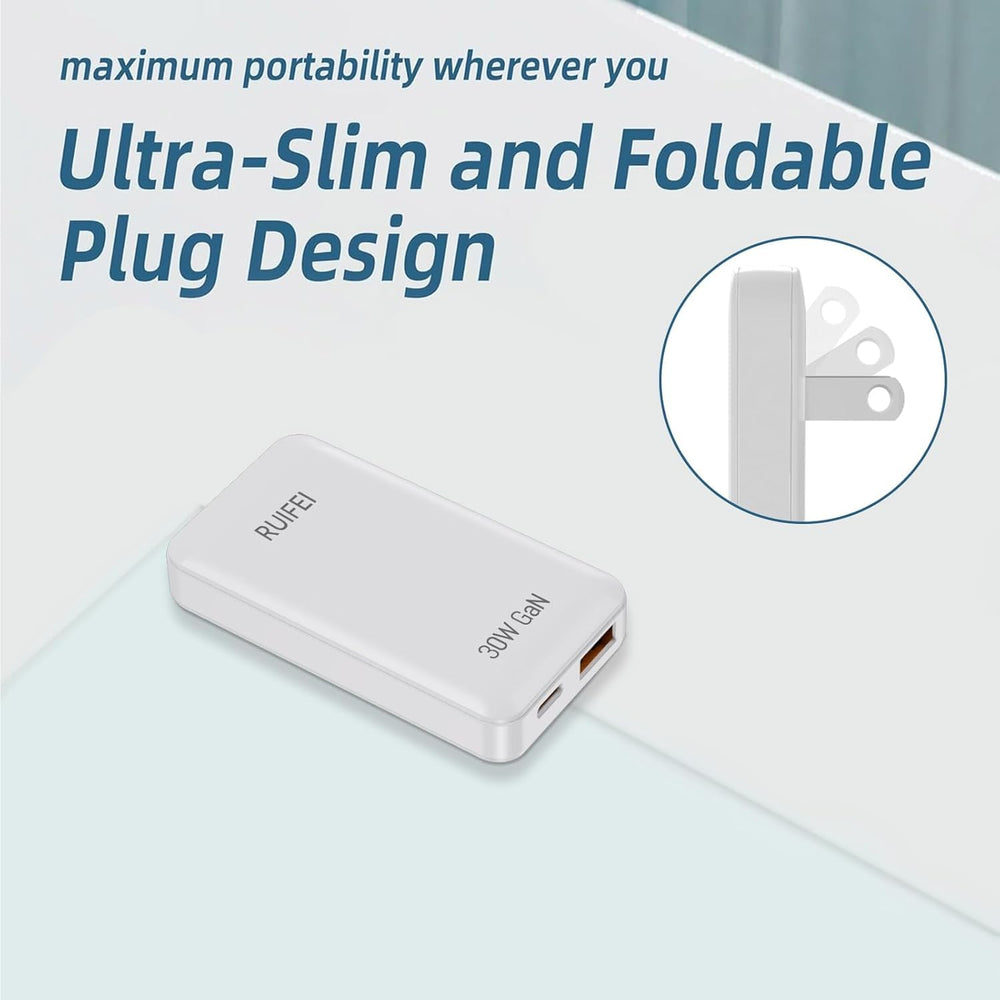 RUIFEI dual-port charger with USB-C and USB-A for simultaneous use.