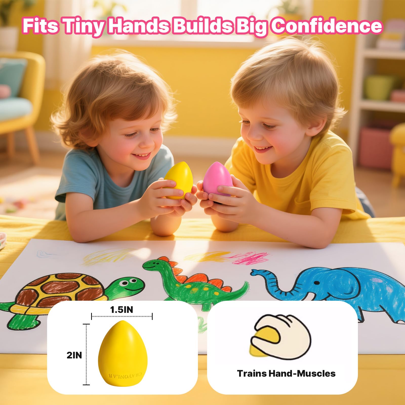 RuiHawk egg crayons with flat anti-roll base reducing spills during play