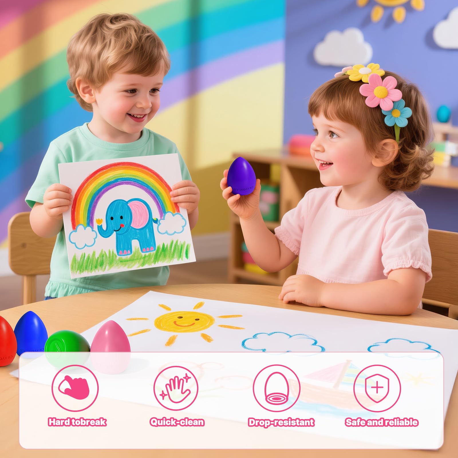 RuiHawk non-toxic washable egg crayons easy to clean from skin and fabrics