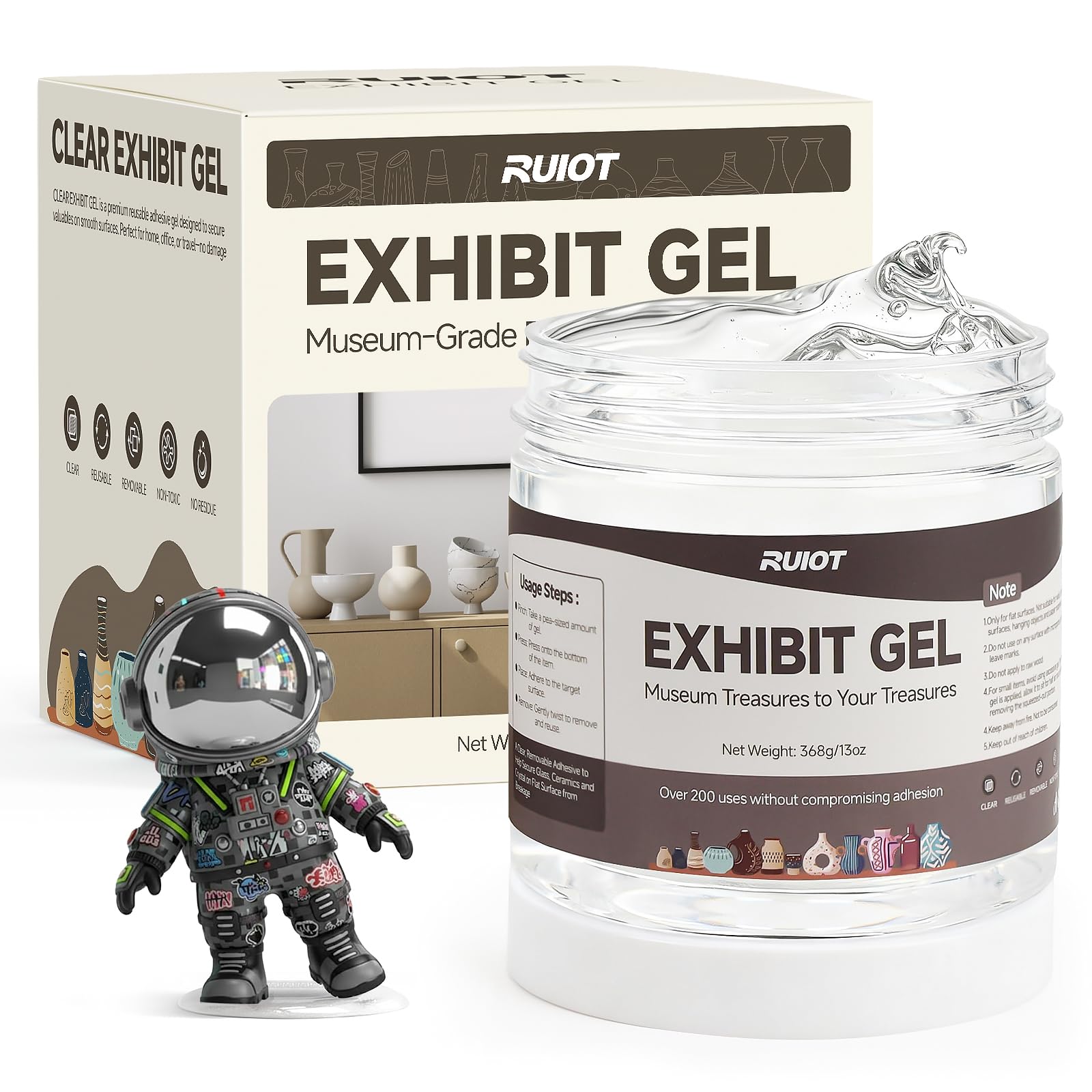 Ruiot clear exhibit gel stabilizes a small figurine on a display surface.