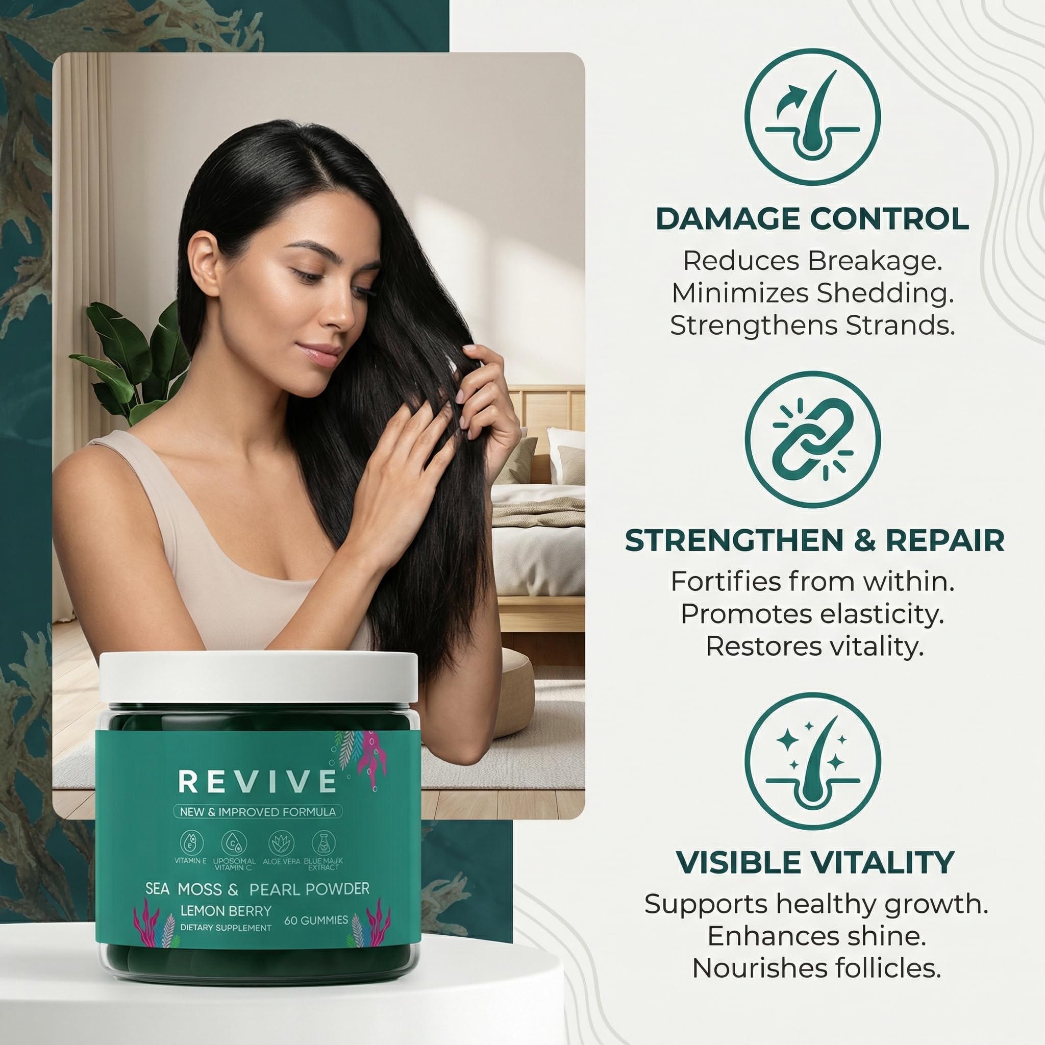Rulinal Balmbare Revive Gummies pearl powder view suggests nail and skin benefits.
