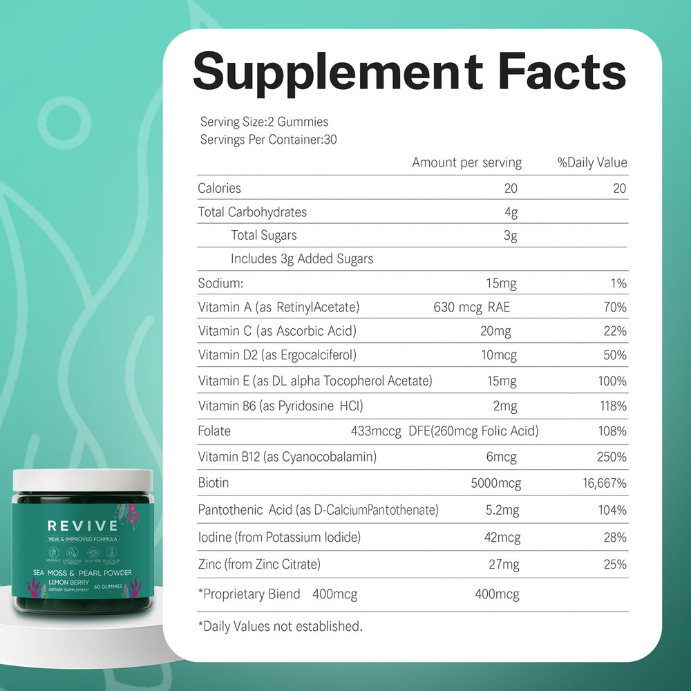 Rulinal Balmbare Revive Gummies sea moss close-up highlights nourishment for hair and skin.