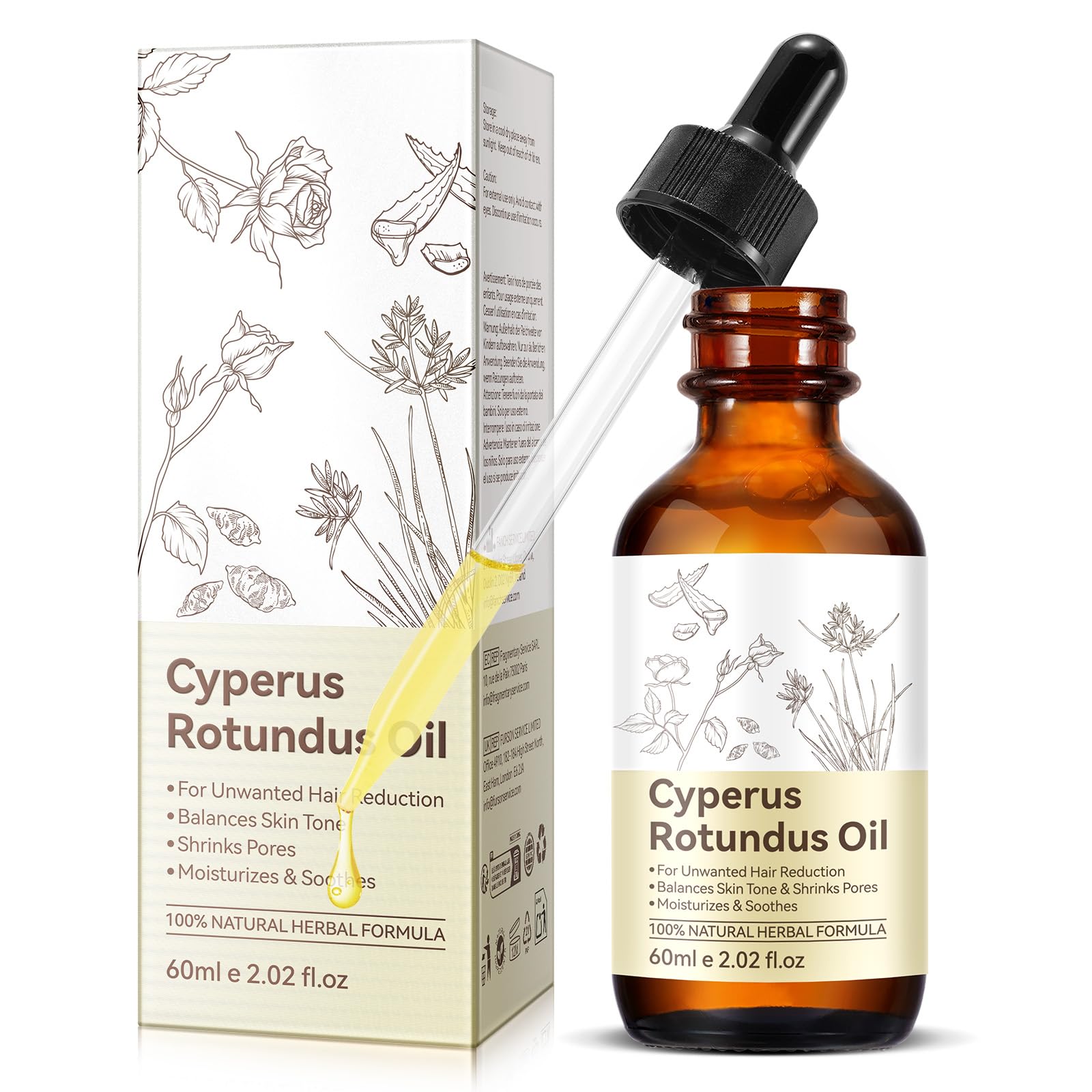 Rulviou Cyperus Rotundus Oil bottle beside towel conveys all-skin-types suitability