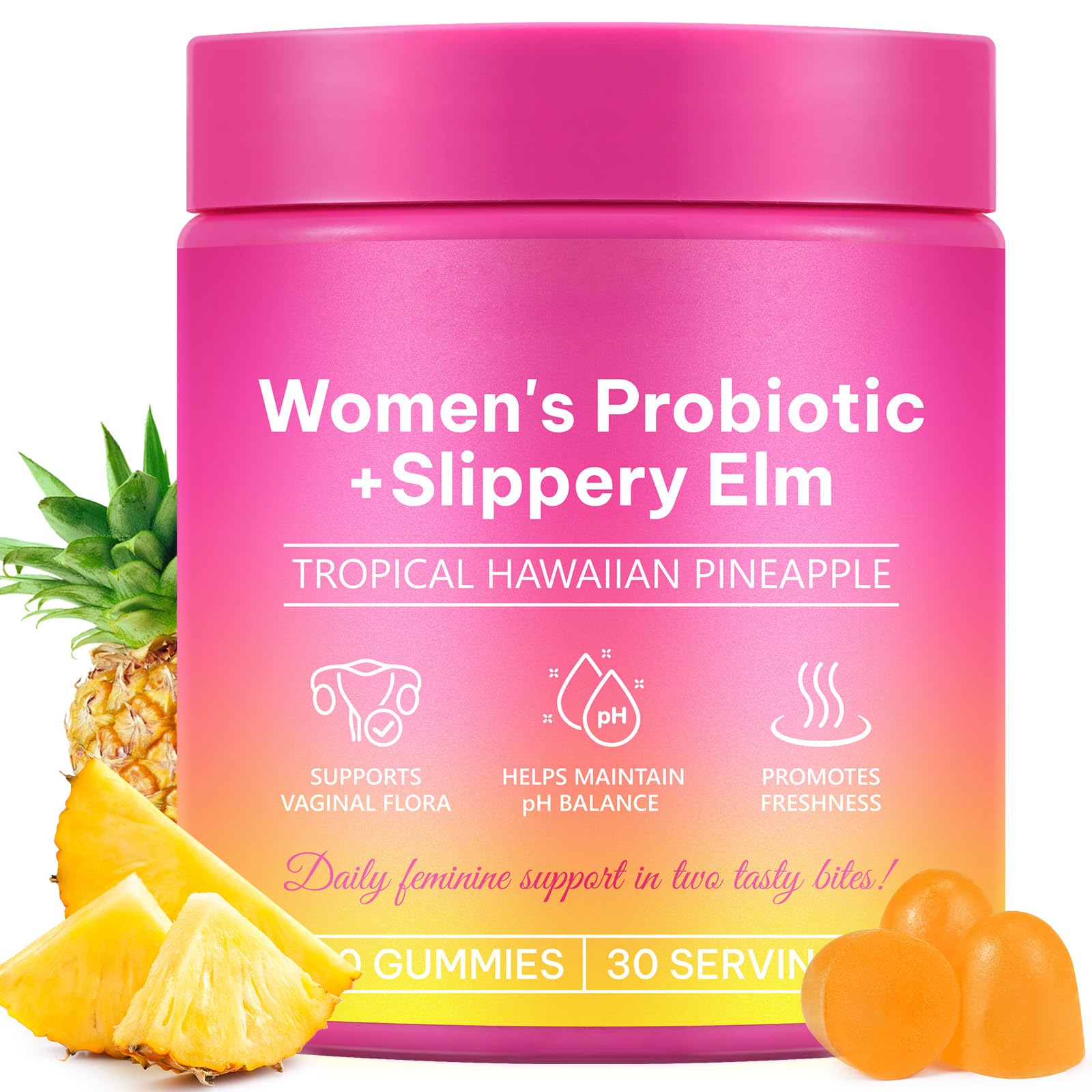 Rulviou probiotic gummies bottle showing pineapple flavor for daily feminine balance