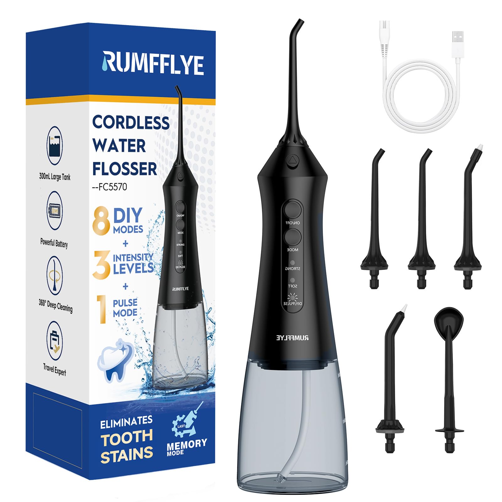 Rumfflye Water Flosser front view showing compact cordless design for travel