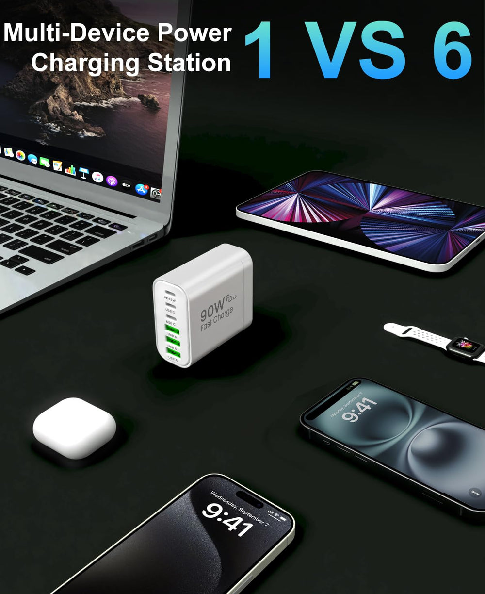 RUMIXI charger showing broad compatibility with laptops tablets and phones