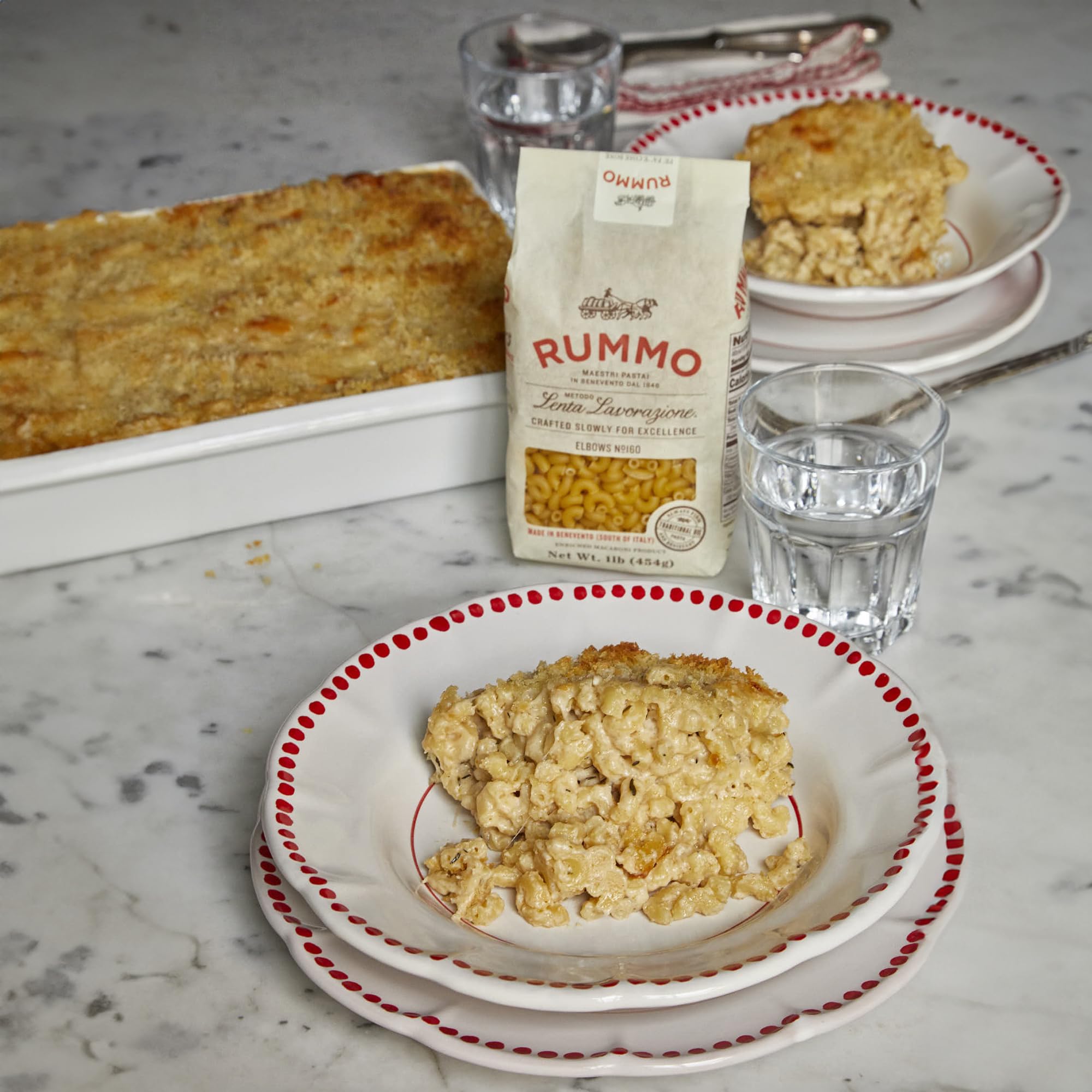 Rummo Elbows N.160 pack with label emphasizes premium Italian pasta.