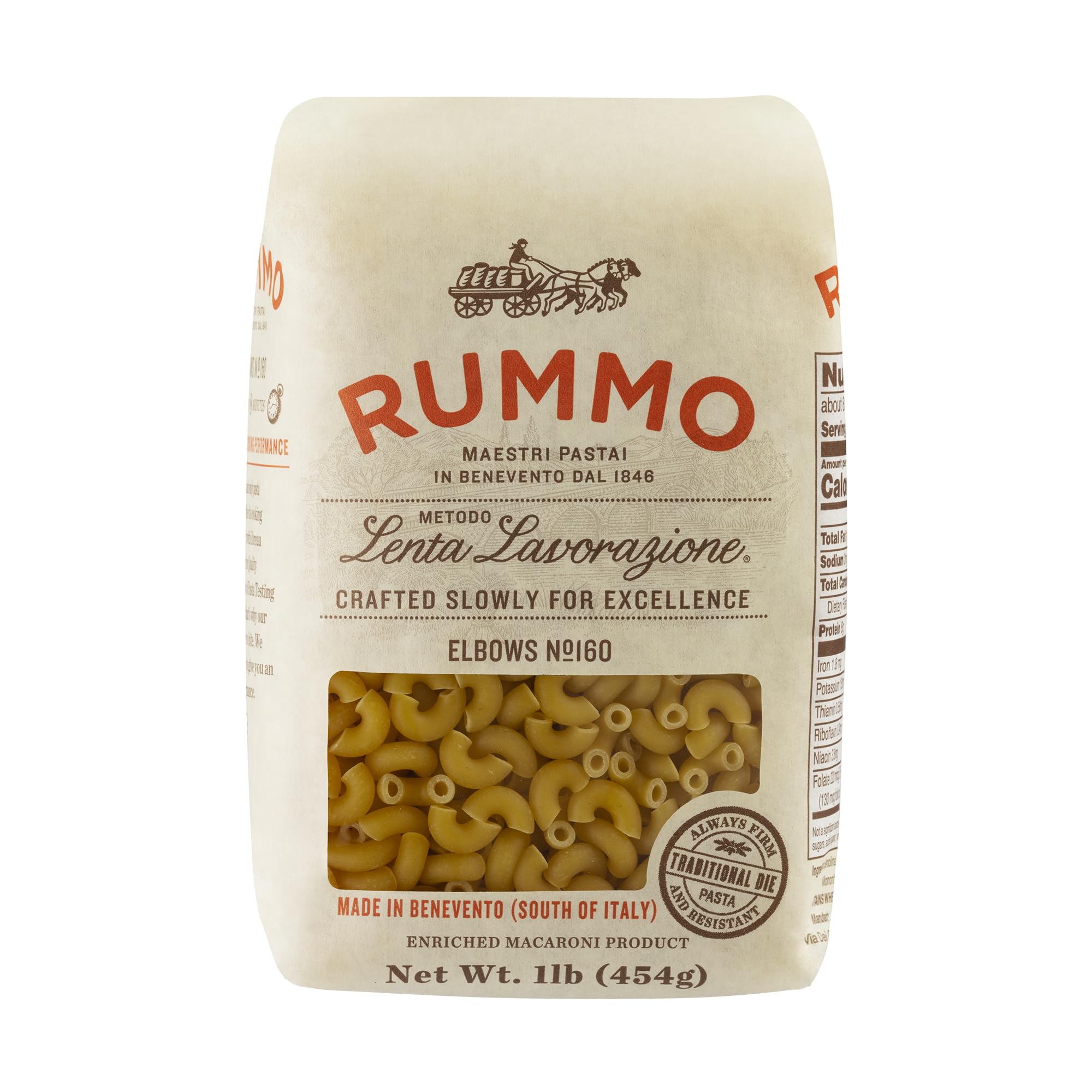 Rummo Elbows N.160 pack shot shows a pantry-ready pasta staple for quick meals.