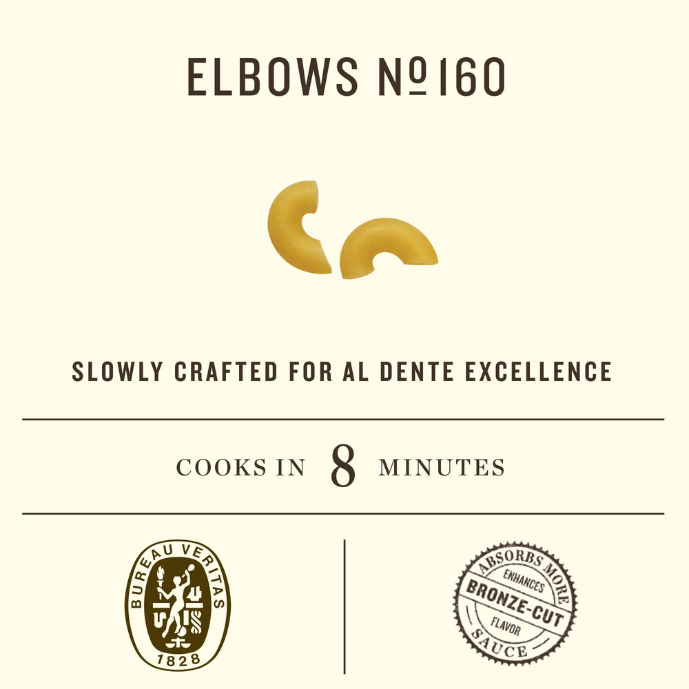 Rummo Elbows N.160 closeup highlights pasta texture and al dente potential.