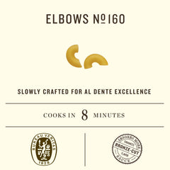 Rummo Elbows N.160 closeup highlights pasta texture and al dente potential.