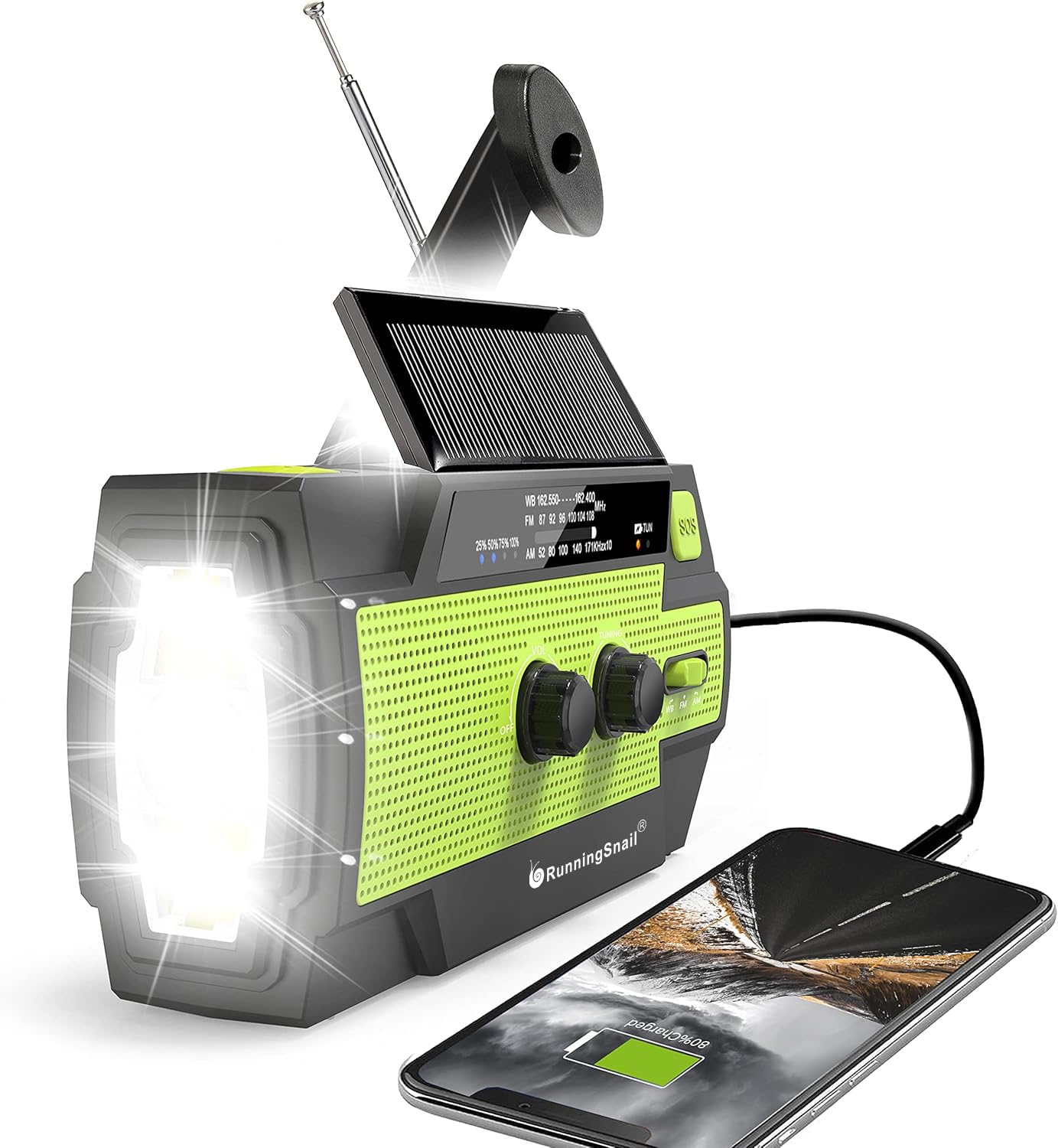 RunningSnail Emergency Crank Radio front view with clear controls for preparedness