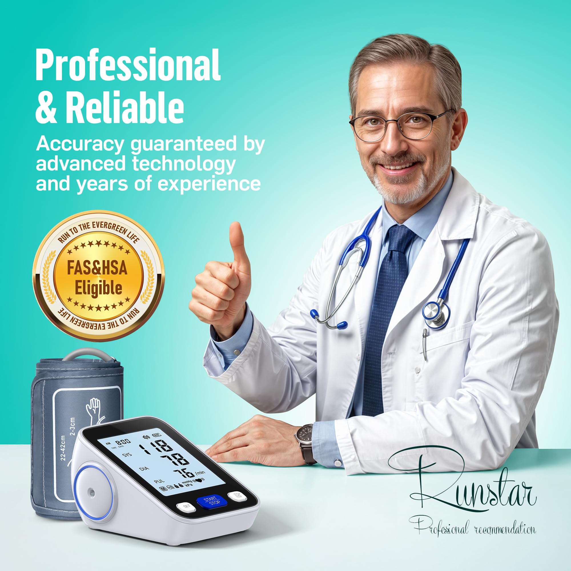 Runstar BP monitor displays readings with wide cuff fitted on the arm.