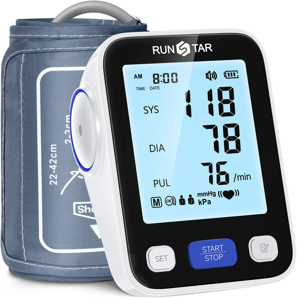 Runstar upper-arm BP monitor with large display shown for home use.