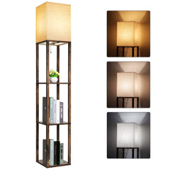 RUNTOP floor lamp with brown wood shelves and three tiers for display and storage.
