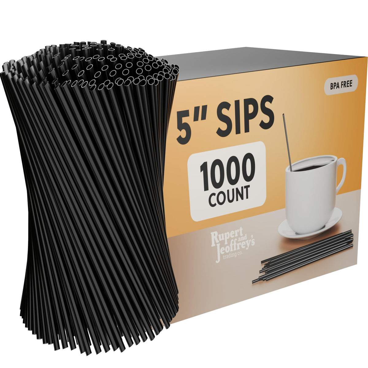 Rupert and Jeoffrey's disposable coffee stirrer 5-inch black bulk ideal for events.