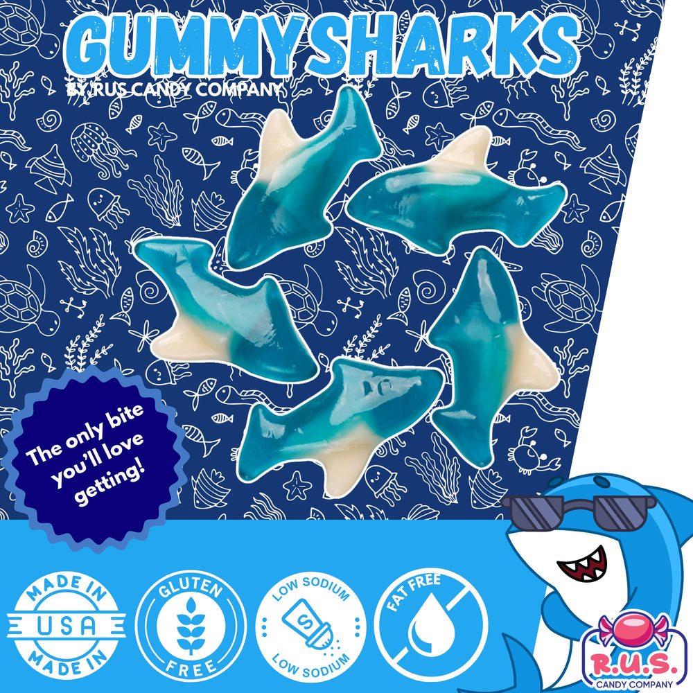 Blue Gummy Sharks on a dessert table for kids' celebrations.