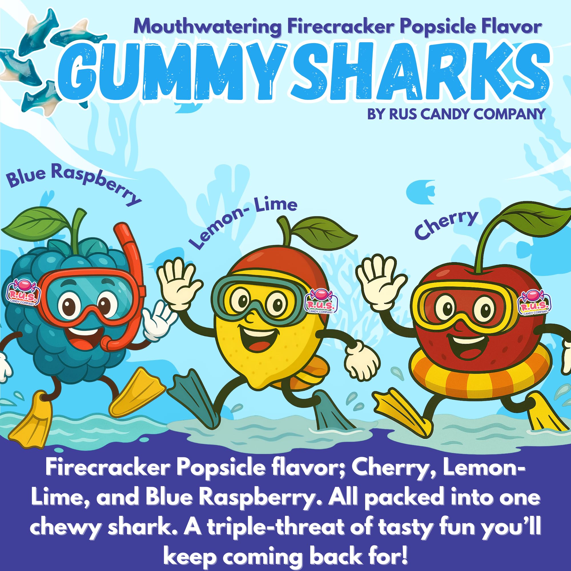 Blue Gummy Sharks featured in a beach party or under-the-sea setup.