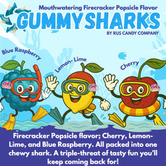 Blue Gummy Sharks featured in a beach party or under-the-sea setup.