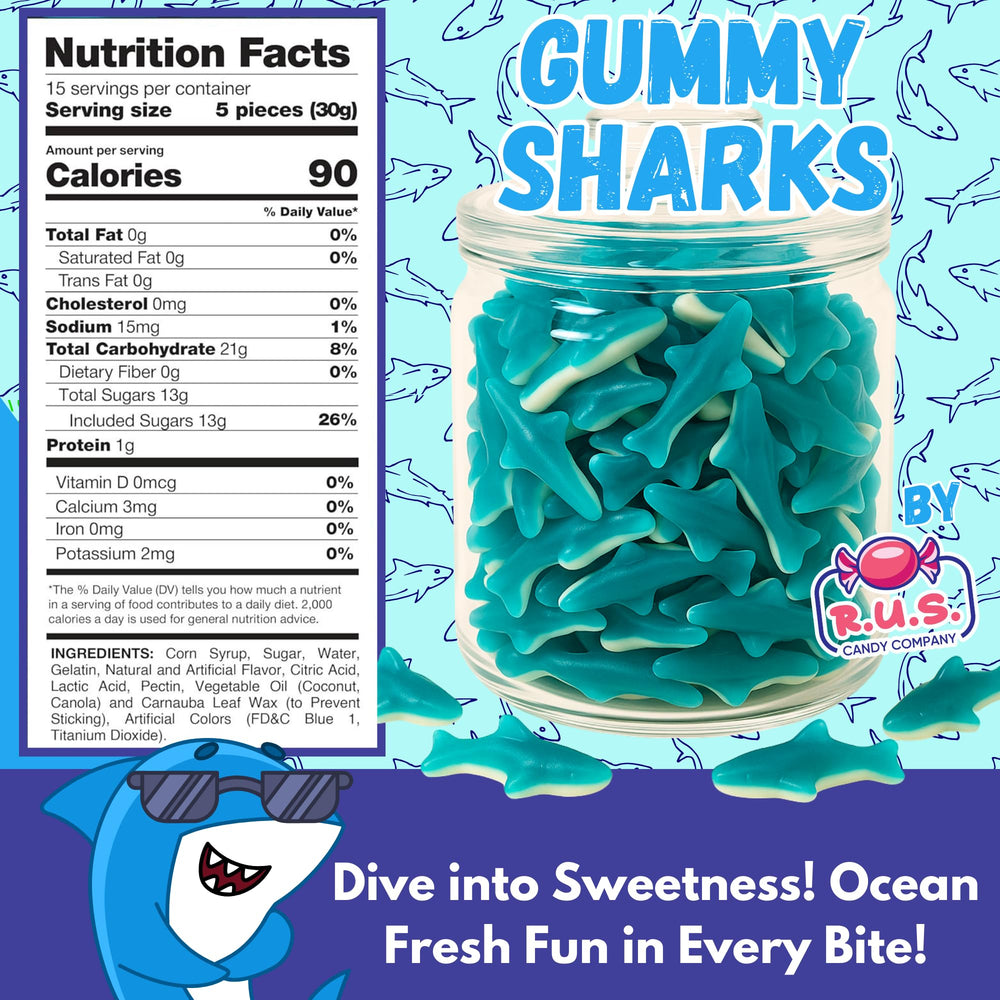 Blue Gummy Sharks on a plate, ideal party candy display.