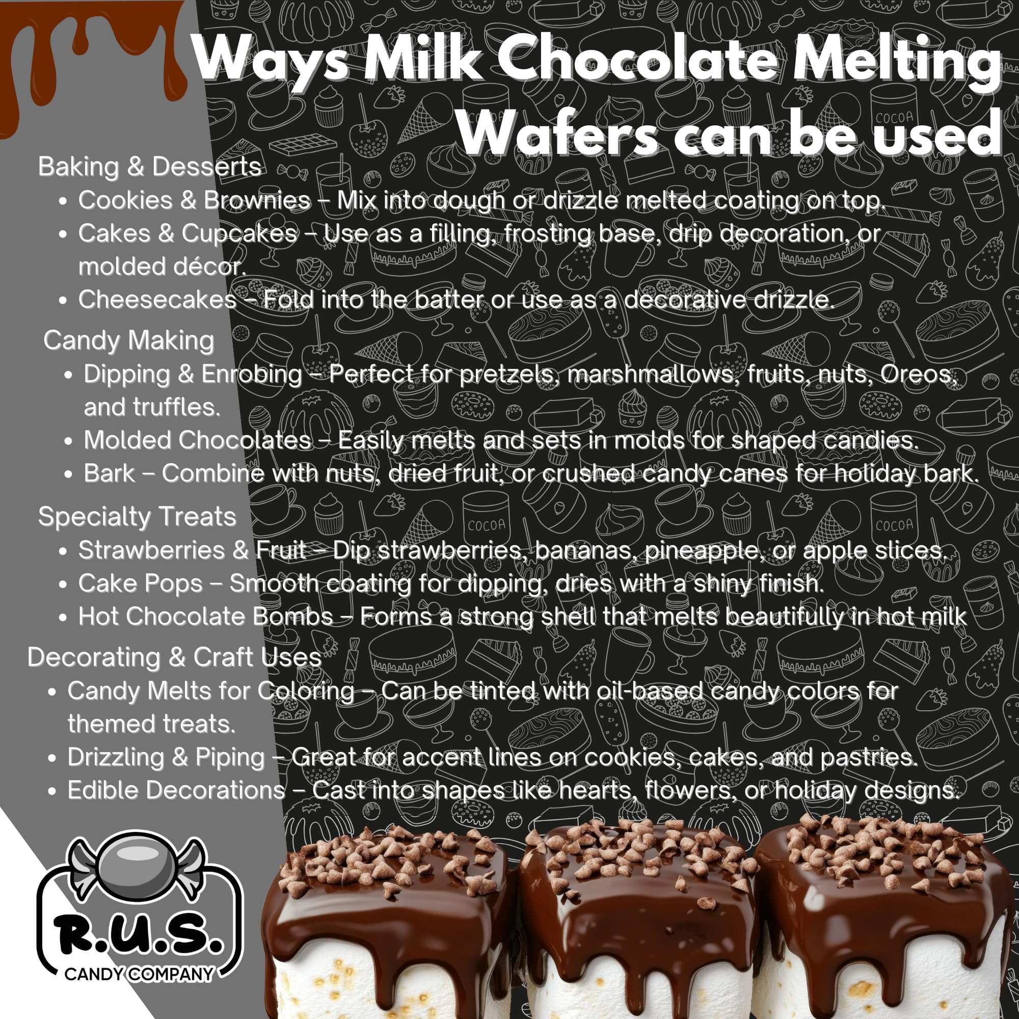 Kosher R.U.S. Candy milk chocolate wafers suited for baking and decorating.